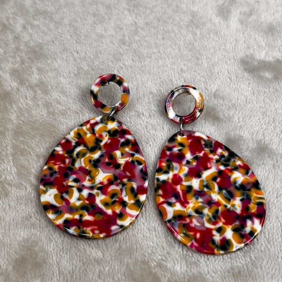 Chunky Confetti Acrylic Granite Earrings Large Dangle Teardrop Pink Yellow - Picture 5 of 6